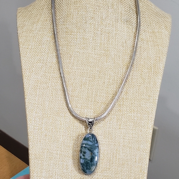 Natural Moss Agate Gem 925 Silver Handmade Thick Heavy Long Pendant Necklace - Picture 3 of 16